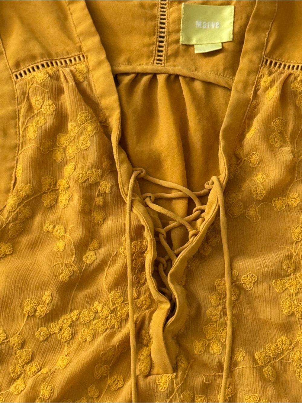 Maeve Anthropologie Embroidered lace up mustard tank top size 8 - Picture 6 of 14